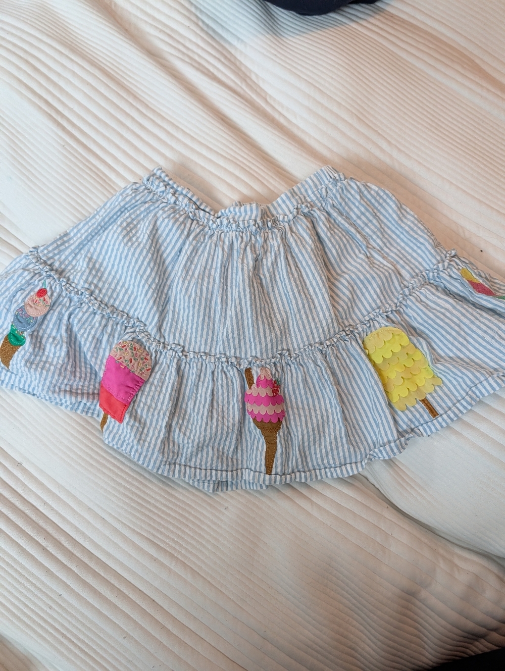 Mini Boden Light Blue Striped Skirt with Multicolor Ice Cream Appliqués